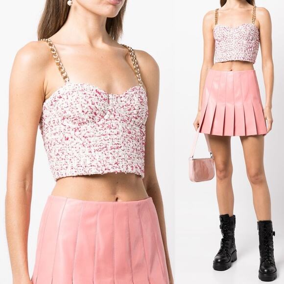 NEW Alice + Olivia Cristi Chain Tweed Crop Top Bustier Pink White US 14 $295 - Picture 3 of 12
